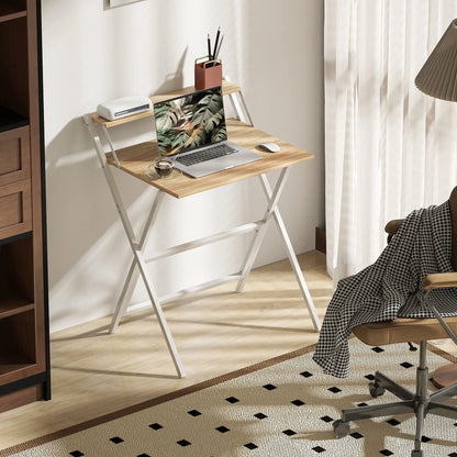 Folding Computer Desk, 27.6" Foldable Desk with Monitor Shelf, Natural Wood Writing Desks at Gallery Canada