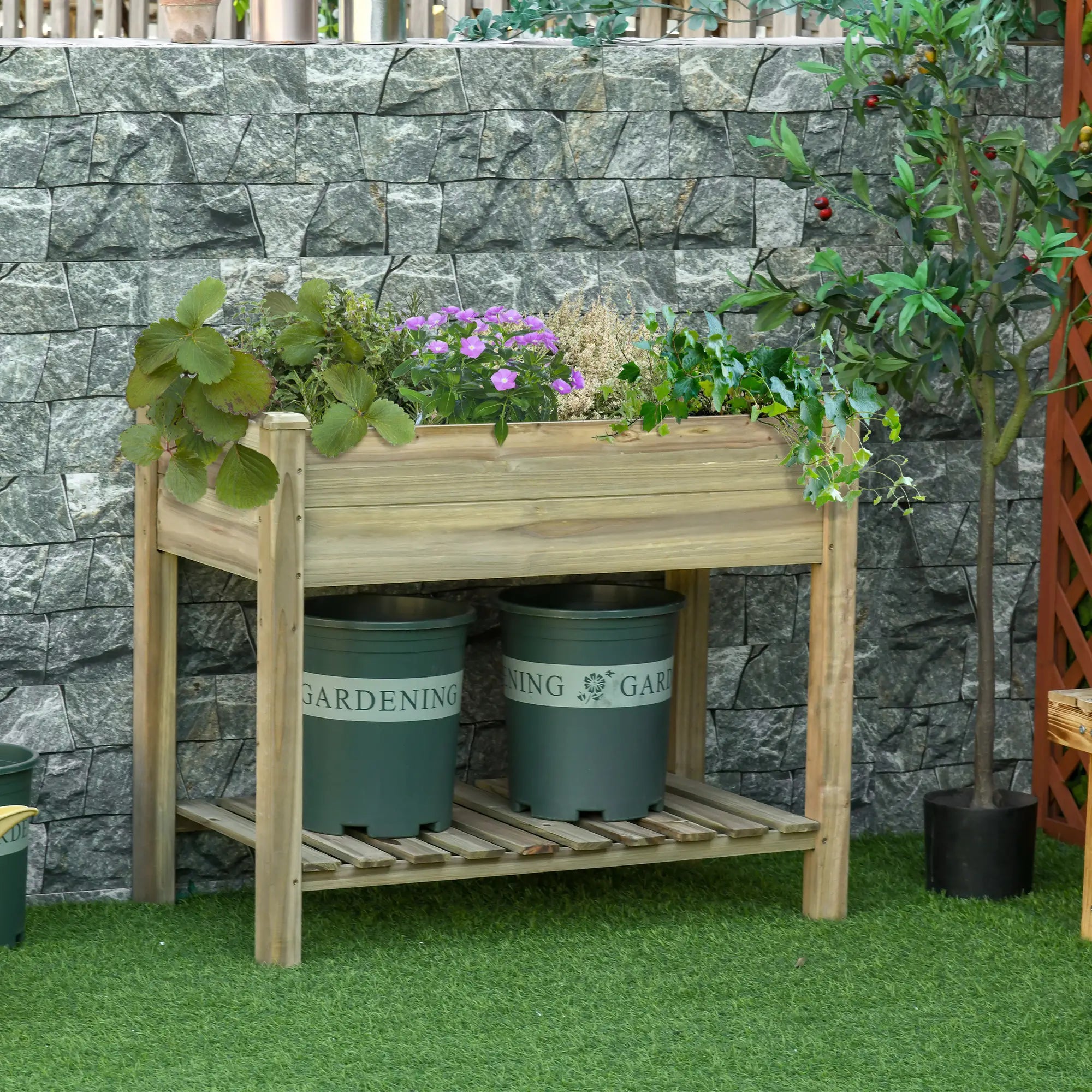 Elevated Wooden Planter Box With Legs And Storage Shelf, Green Elevated Garden Beds at Gallery Canada