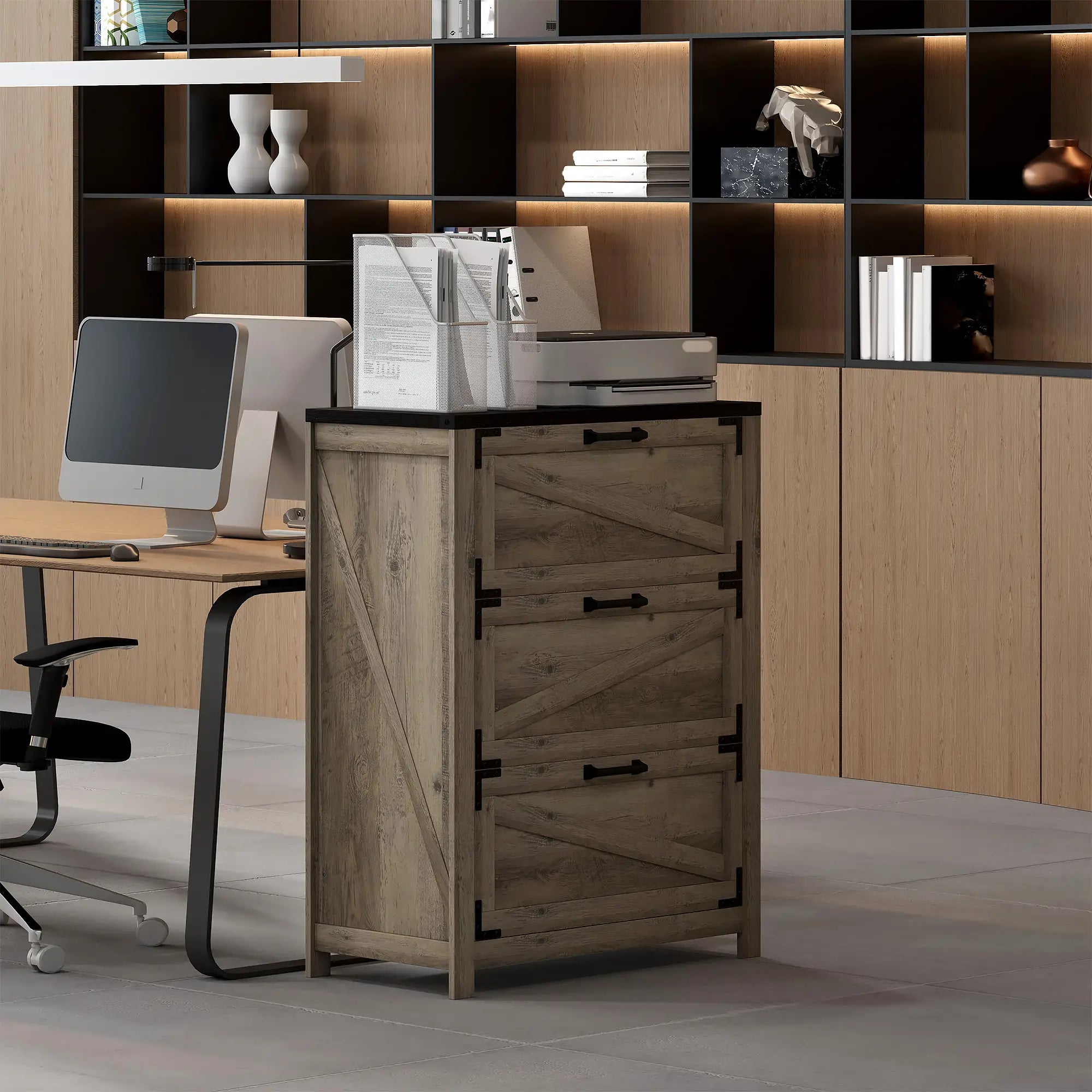 3 Drawer Filing Cabinet, Farmhouse Office Storage, Adjustable Hanging Bars, Grey Office Cabinets & Cupboards at Gallery Canada