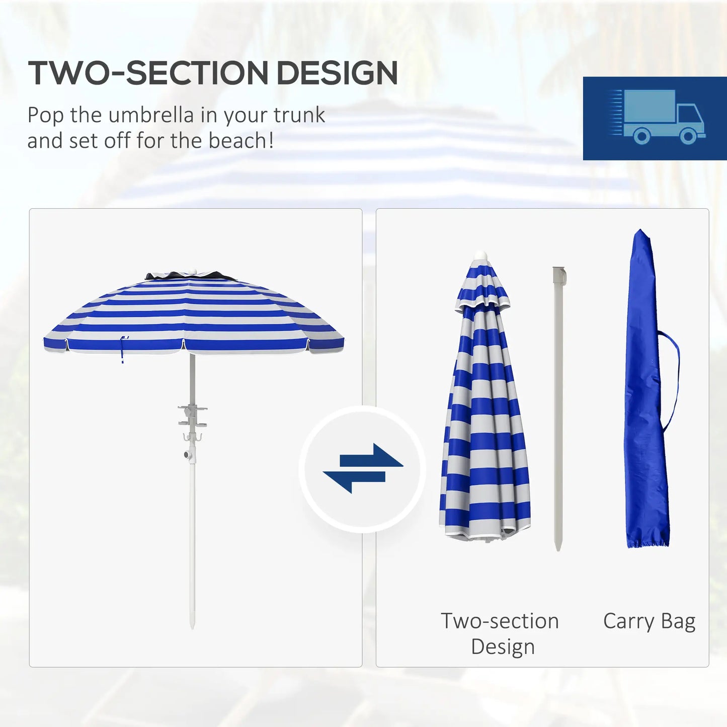 5.7' Travel Beach Umbrella, Adjustable Height, Blue and White