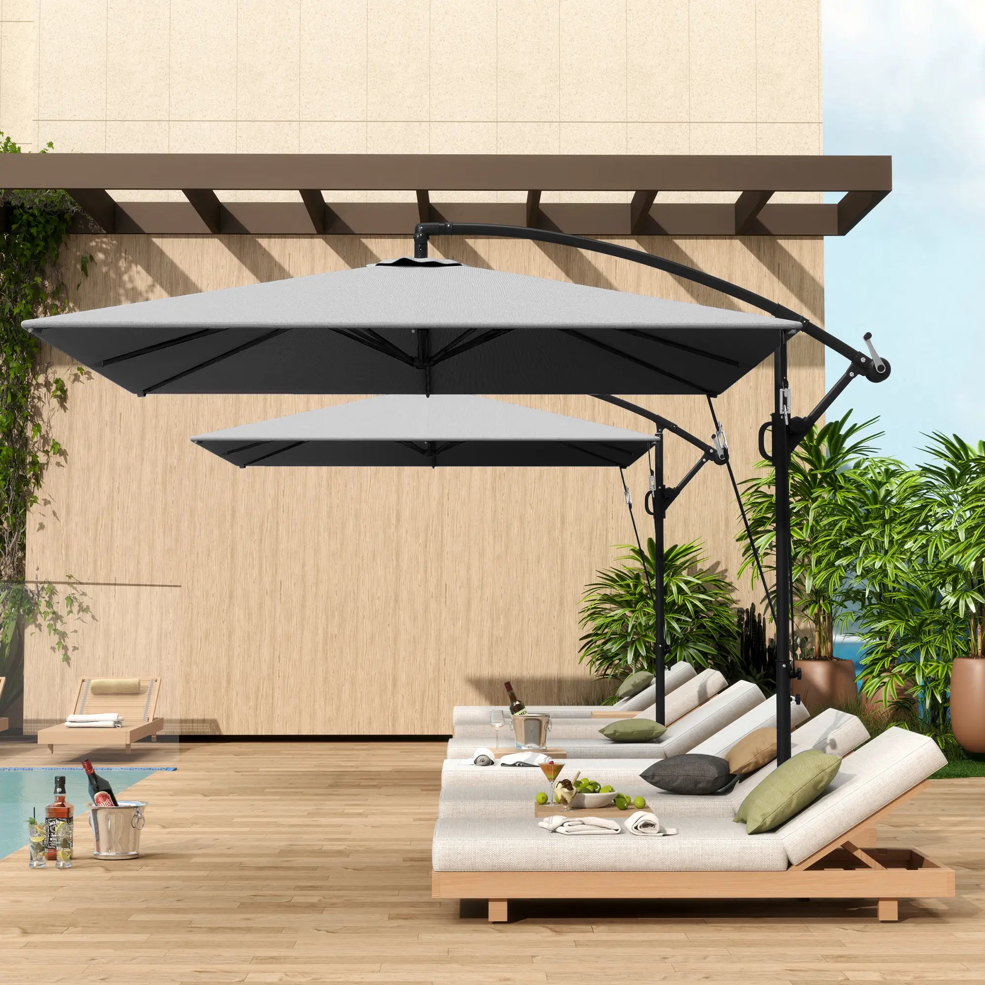Patio Offset Umbrella, Crank Parasol With Base, Cover, Wind Securing, Khaki Offset Cantilever Umbrellas at Gallery Canada