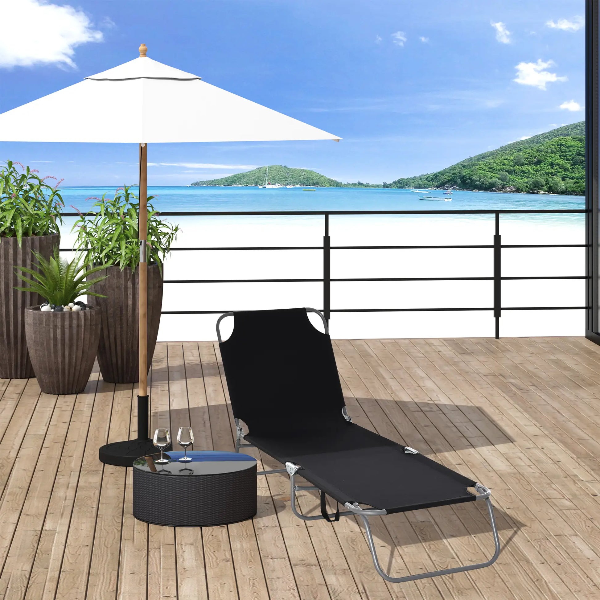 Outdoor Folding Chaise Lounge, Adjustable Backrest, Breathable Mesh, Black Lounger Chairs at Gallery Canada