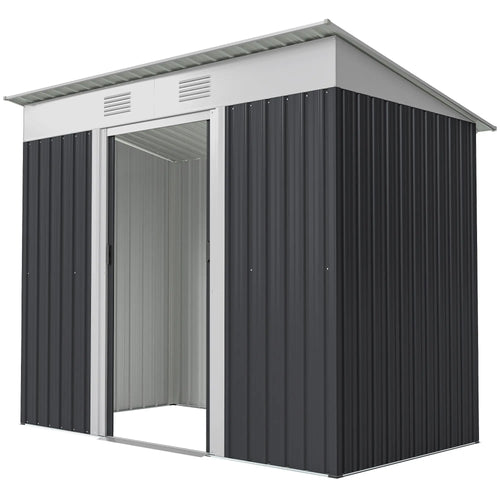 7' x 4' Outdoor Storage Shed, Metal Garden Tool Organizer, Lockable Doors, Charcoal Grey