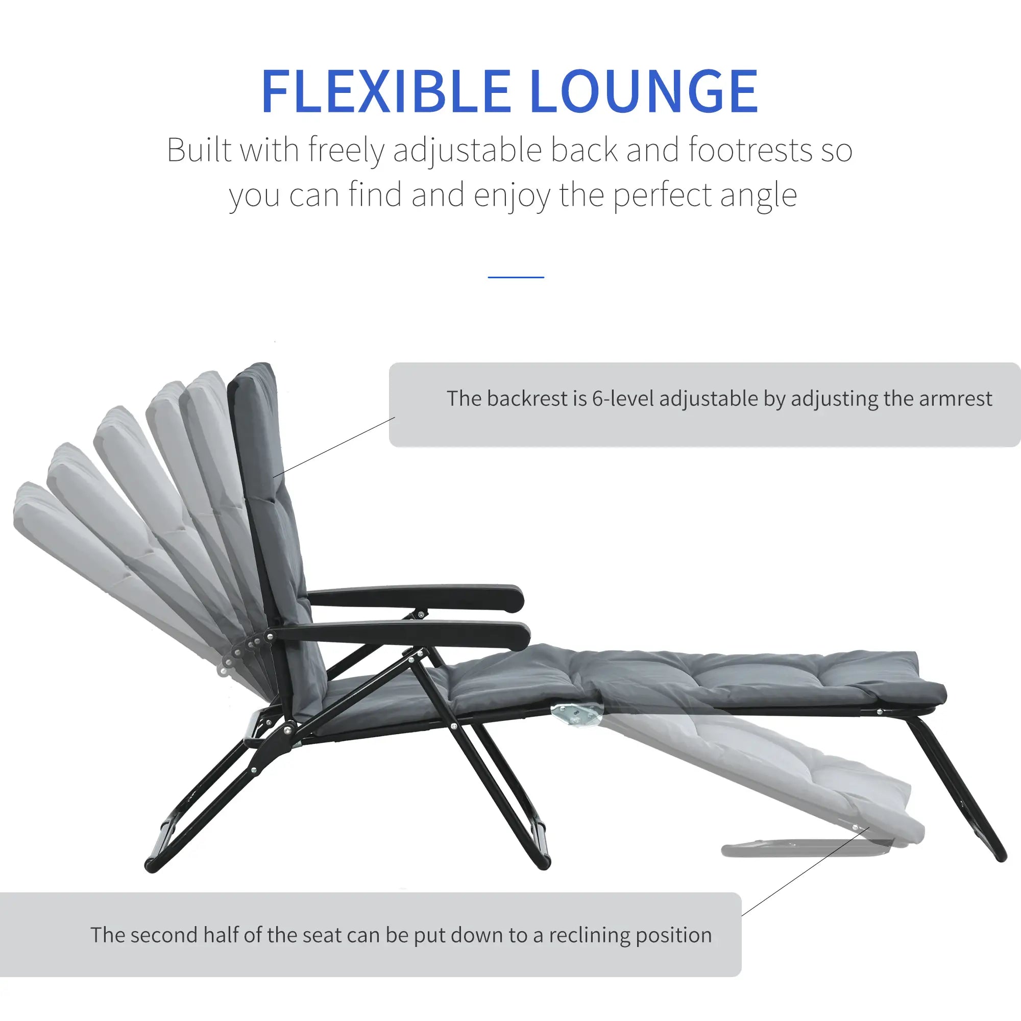 Foldable Lounge Chair, Reclining Patio Sun Lounger, 6-Position Adjustable, Grey Lounger Chairs at Gallery Canada