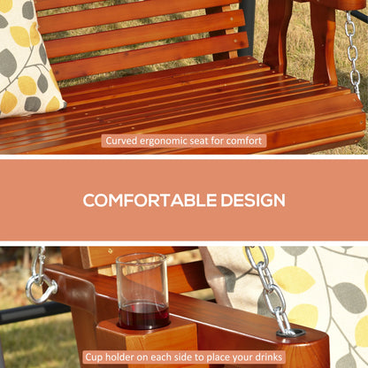 2 Seater Wooden Porch Swing, Patio Chair with Cup Holder, Brown Hanging Porch Swings at Gallery Canada