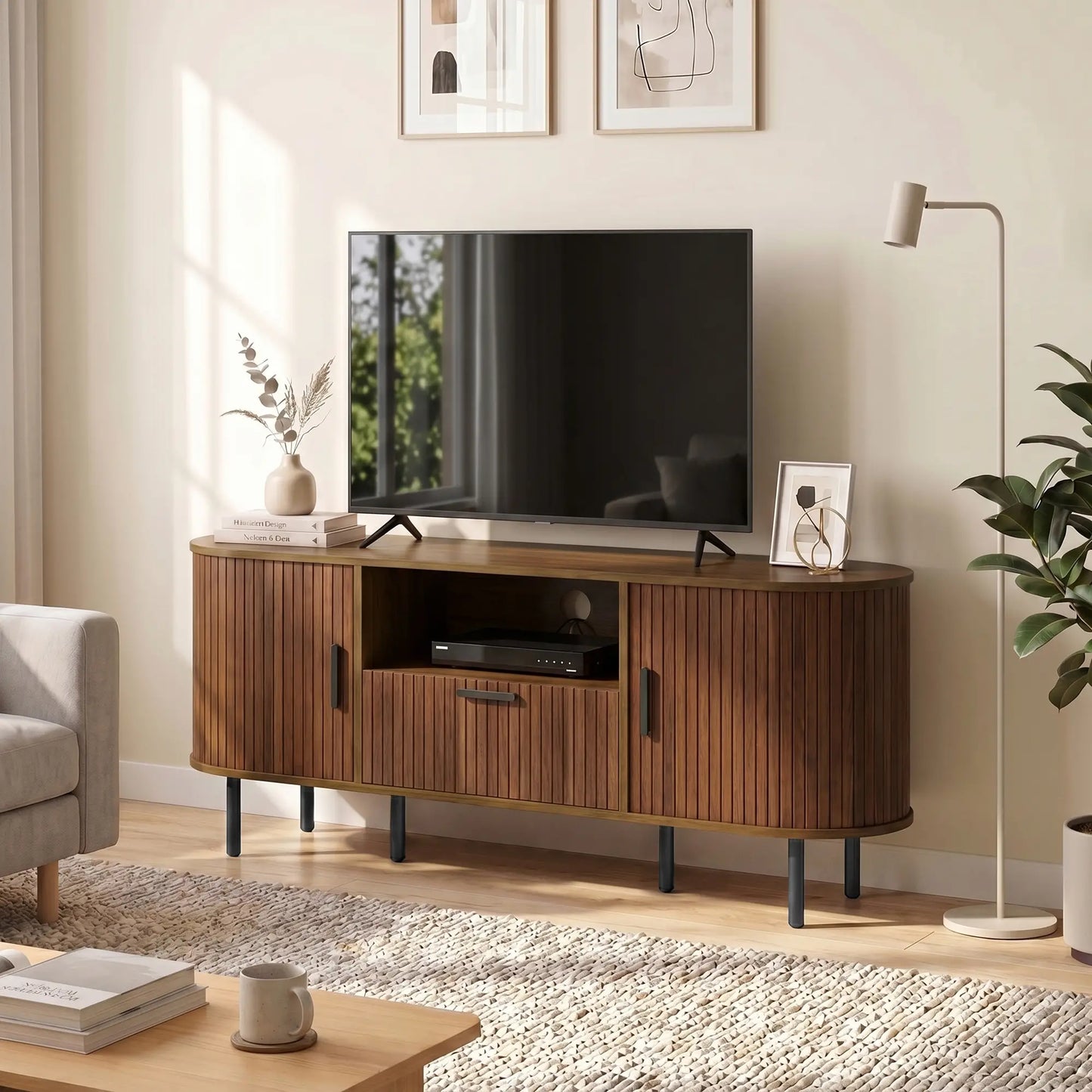TV Stand for TVs up to 60", Modern Entertainment Center with Curved Sliding Doors and Storage, Brown