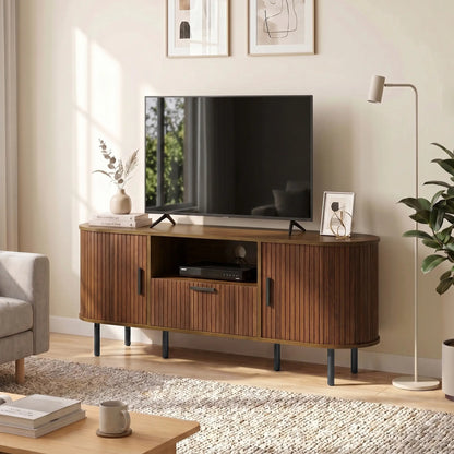 TV Stand for TVs up to 60", Modern Entertainment Center with Curved Sliding Doors and Storage, Brown
