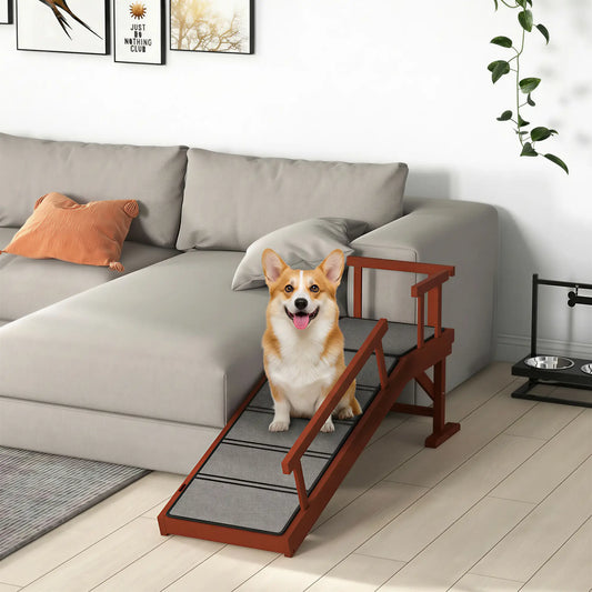 Wooden Dog Ramp, 49" Long, Non-Slip Rug, Removable Guardrails, Brown Dog Stairs Brown and grey at Gallery Canada