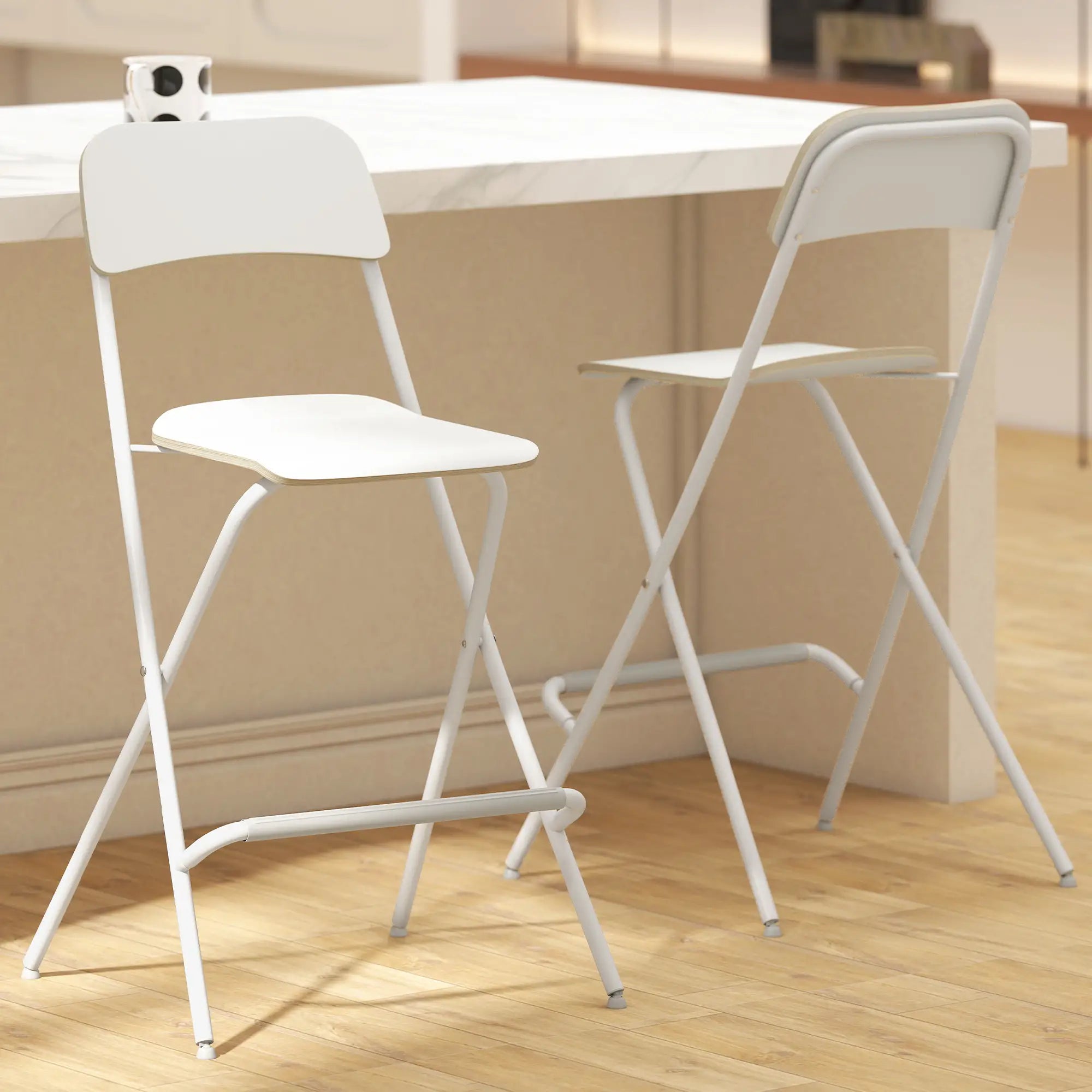 Folding Bar Stools Set of 2, Counter Height, Wooden Effect Seat, Steel Frame, White Bar Stools at Gallery Canada