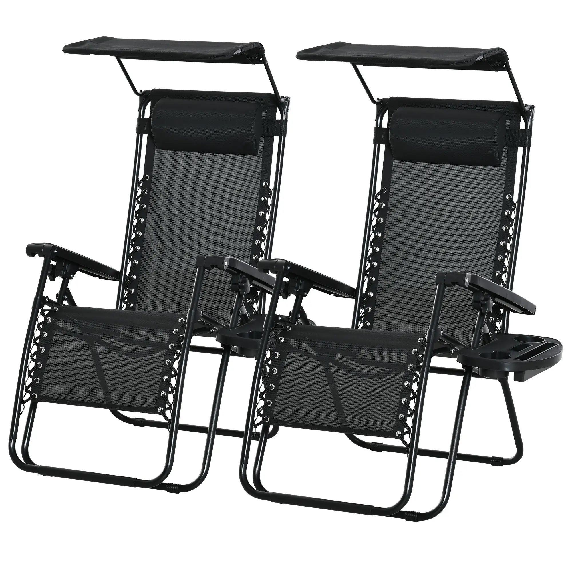 2 Piece Foldable Lounge Chair with Canopy Shade, Outdoor Zero Gravity Chair w/ Side Tray &; Cup Holder, Reclining Lounger w/ Breathable Mesh Fabric Seat, Pillow, Black Lounger Chairs Black at Gallery Canada