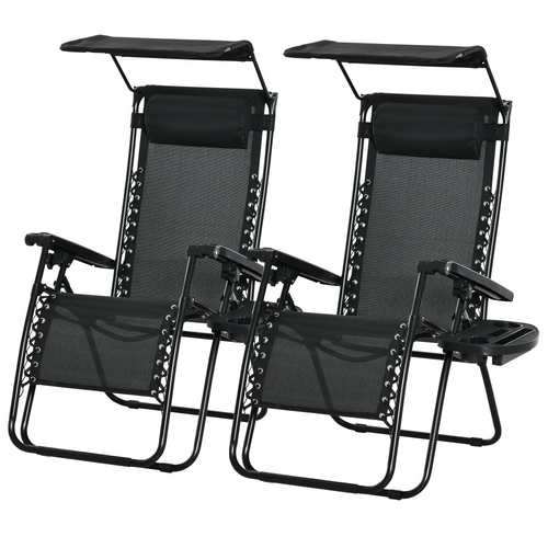 2 Piece Foldable Lounge Chair with Canopy Shade, Outdoor Zero Gravity Chair w/ Side Tray &; Cup Holder, Reclining Lounger w/ Breathable Mesh Fabric Seat, Pillow, Black