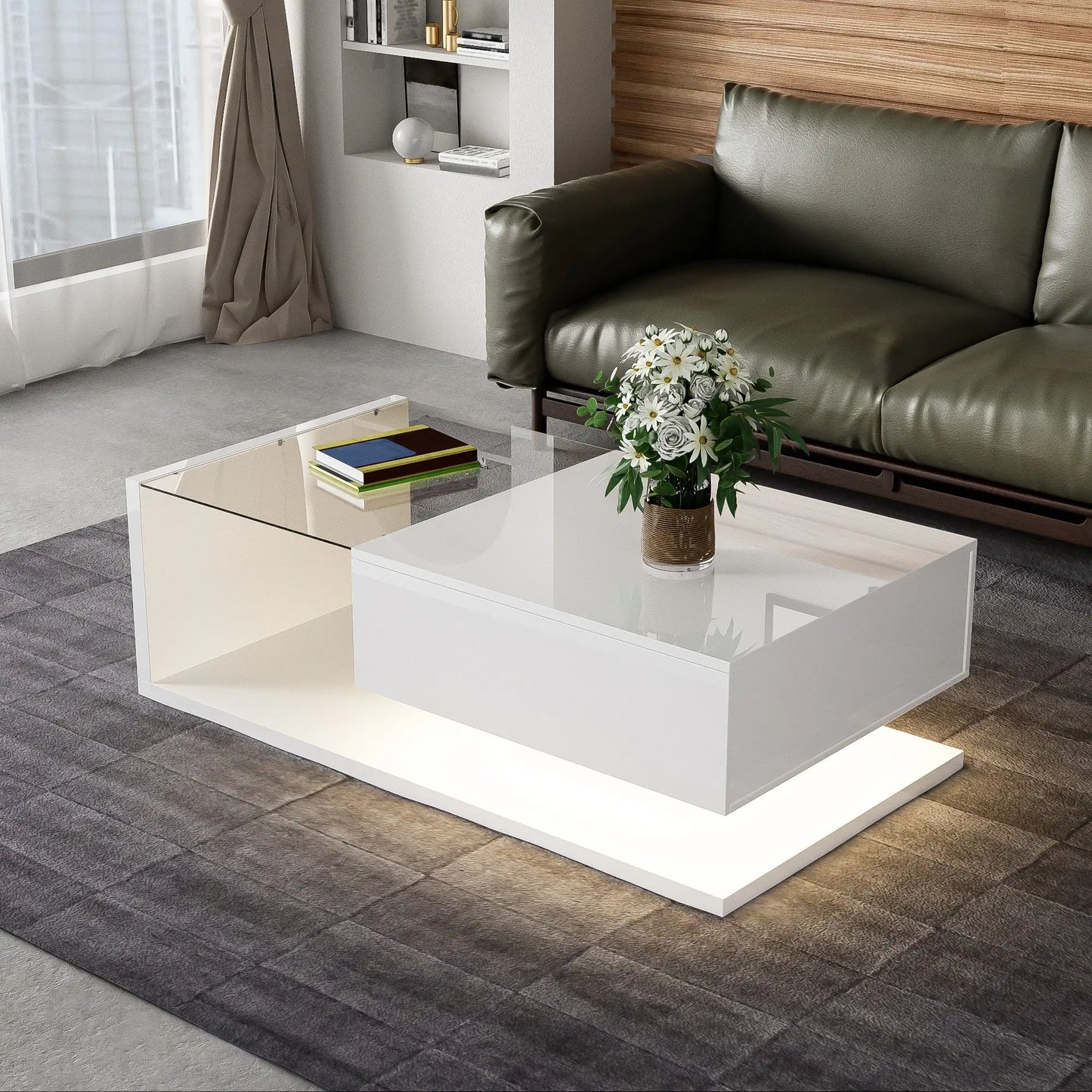 Modern Coffee Table, Glass LED Effect, Storage, 41.5" L x 21.5" W x 12.5" H, White Coffee Tables at Gallery Canada