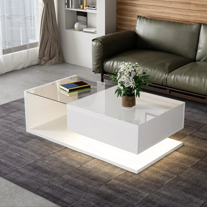Modern Coffee Table, Glass LED Effect, Storage, 41.5" L x 21.5" W x 12.5" H, White Coffee Tables at Gallery Canada