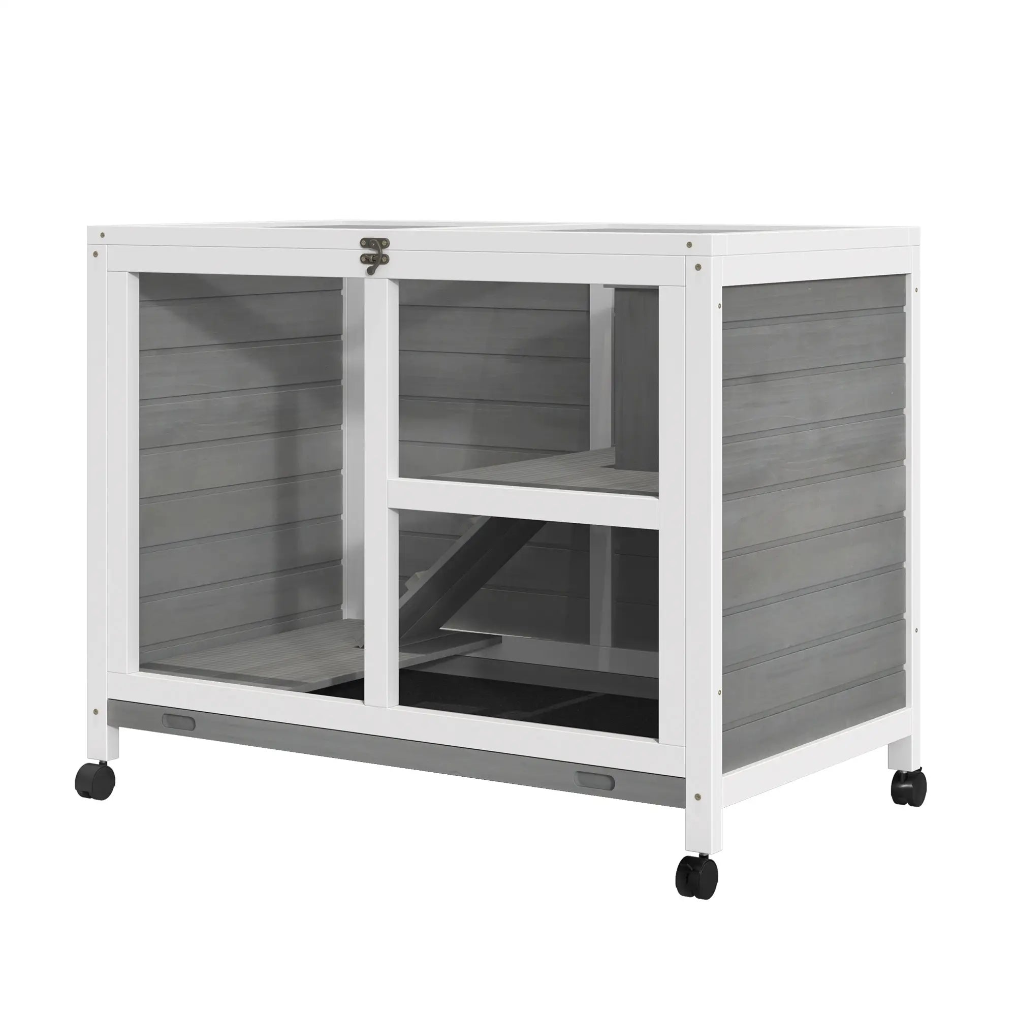 Indoor Rabbit Hutch with Wheels, Bunny Cage, Pull Out Tray, Grey Rabbit Hutch at Gallery Canada