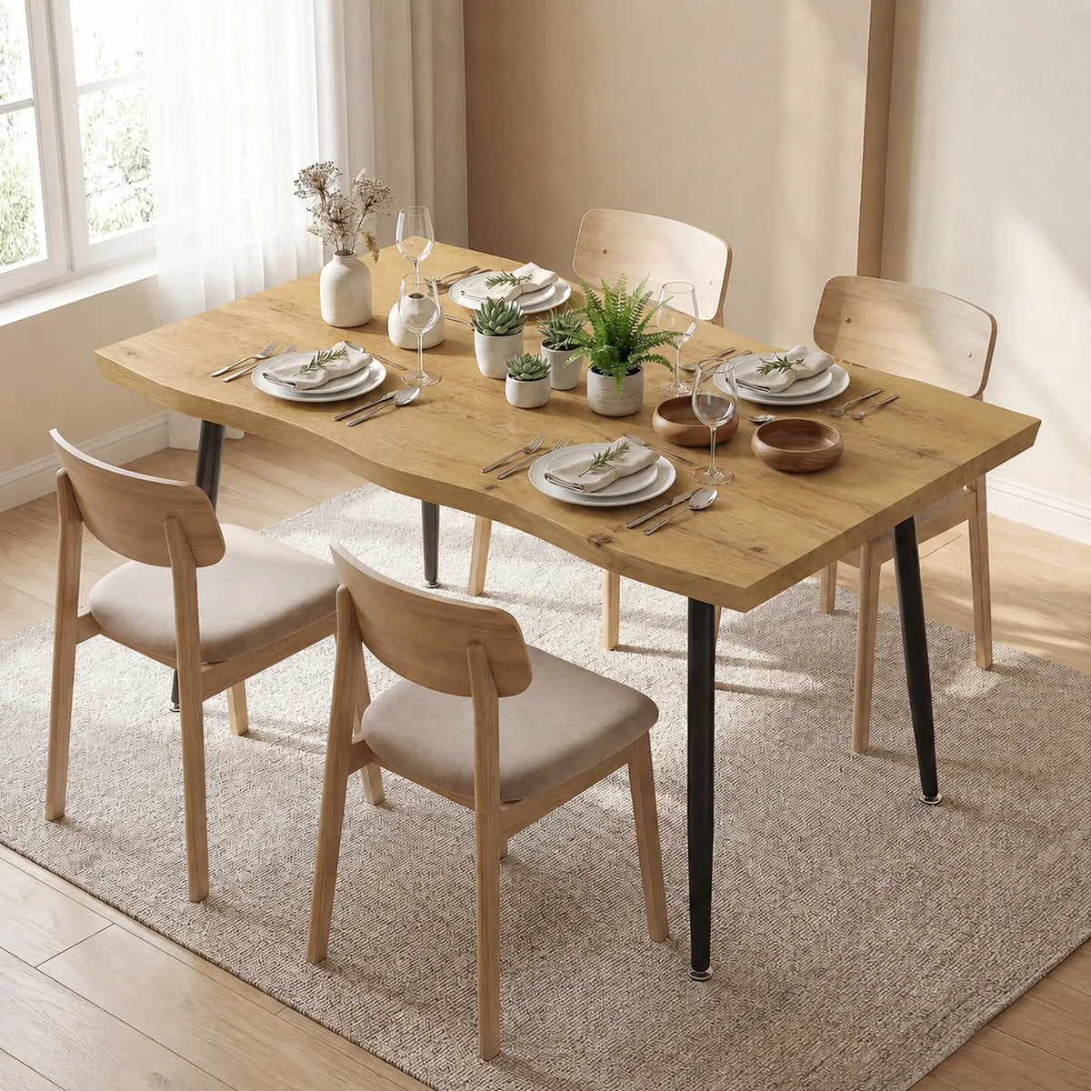 Modern Nordic Dining Table Seats 4, Oak Grain Black 43.3" x 27.6" x 29.5", Black