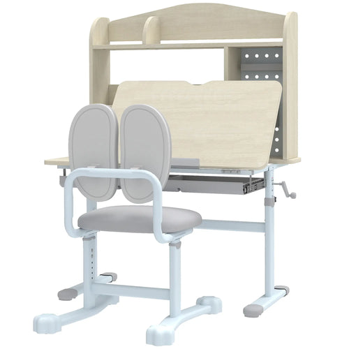 Kids Desk Chair Set, Adjustable Height, Tilting Desktop, Drawer Shelves, Grey