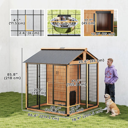 86" L Wooden Dog Kennel With Storage Cabinet, Stainless Steel Bowls, Yellow Dog Cages & Crates at Gallery Canada