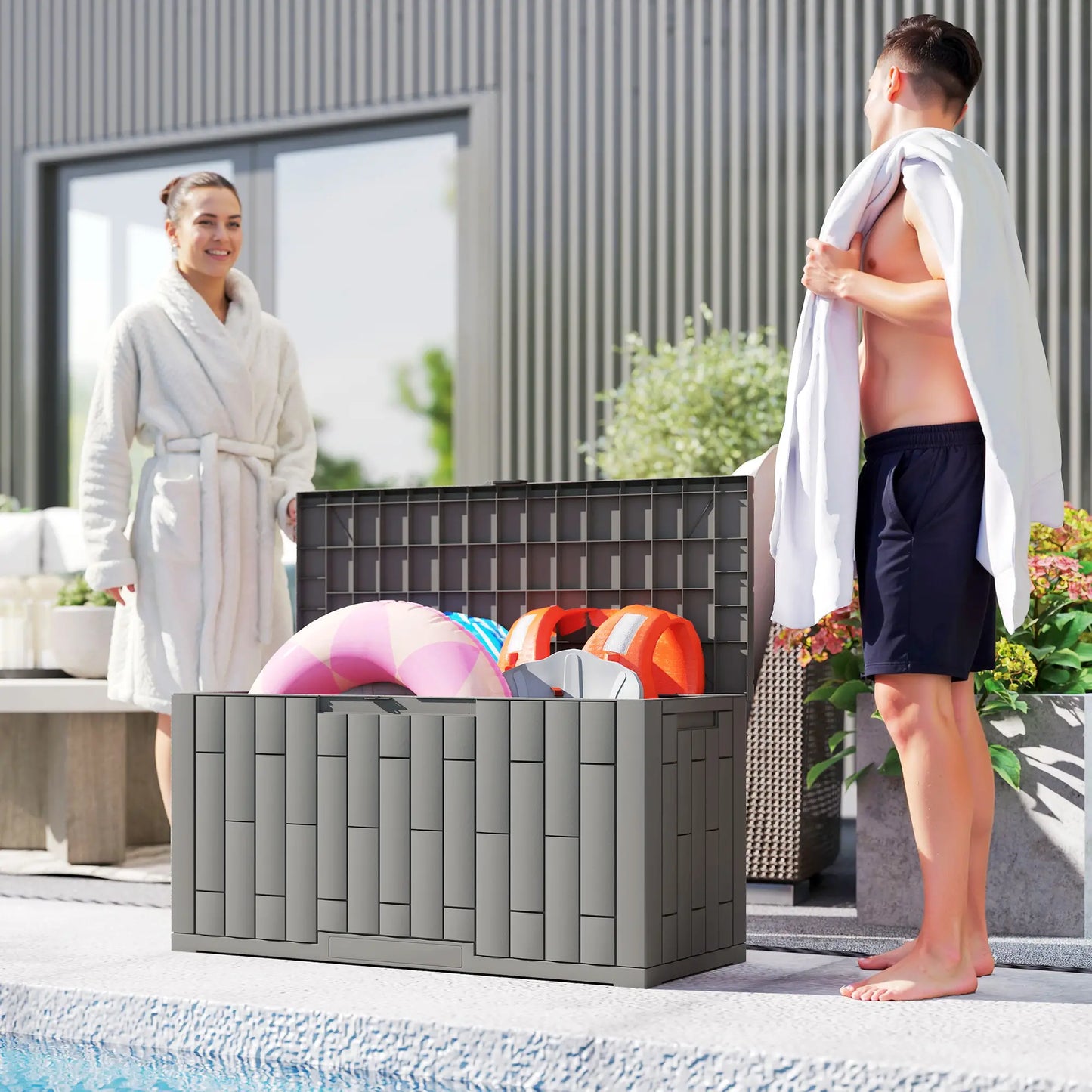 60 Gallon Resin Deck Box, Lockable Outdoor Storage, Splash And UV Resistant Patio Storage Boxes at Gallery Canada