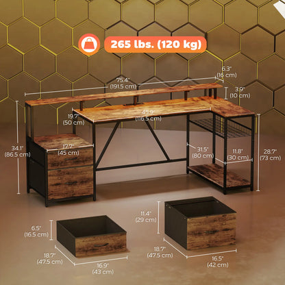 76" Gaming Desk, RGB Lights, USB Ports, Monitor Stand, Rustic Brown Gaming Desks at Gallery Canada