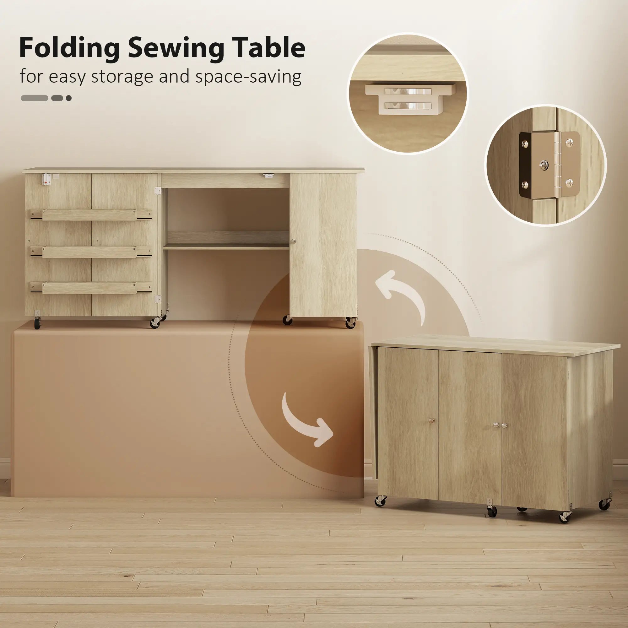 Sewing Machine Table, Drop Leaf, 2 Doors, Adjustable Shelf, Natural Sewing Cabinets at Gallery Canada