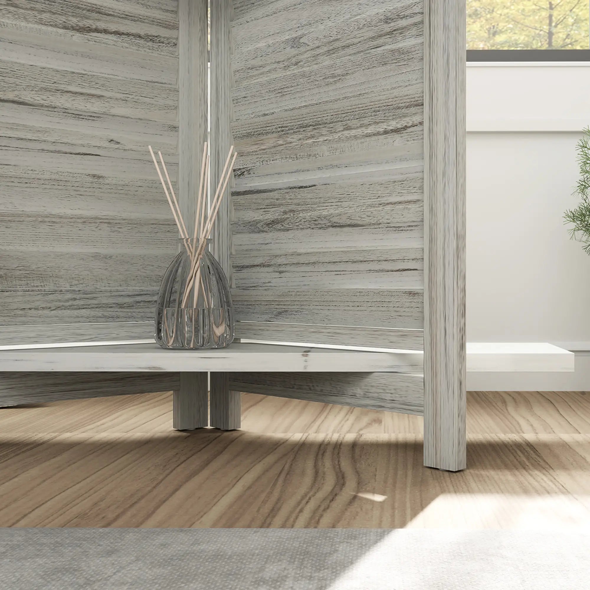 4-Panel Wall Partition, 3 Storage Shelves, Foldable, Wooden Frame, 5.6FT, Distressed White, White Room Dividers at Gallery Canada