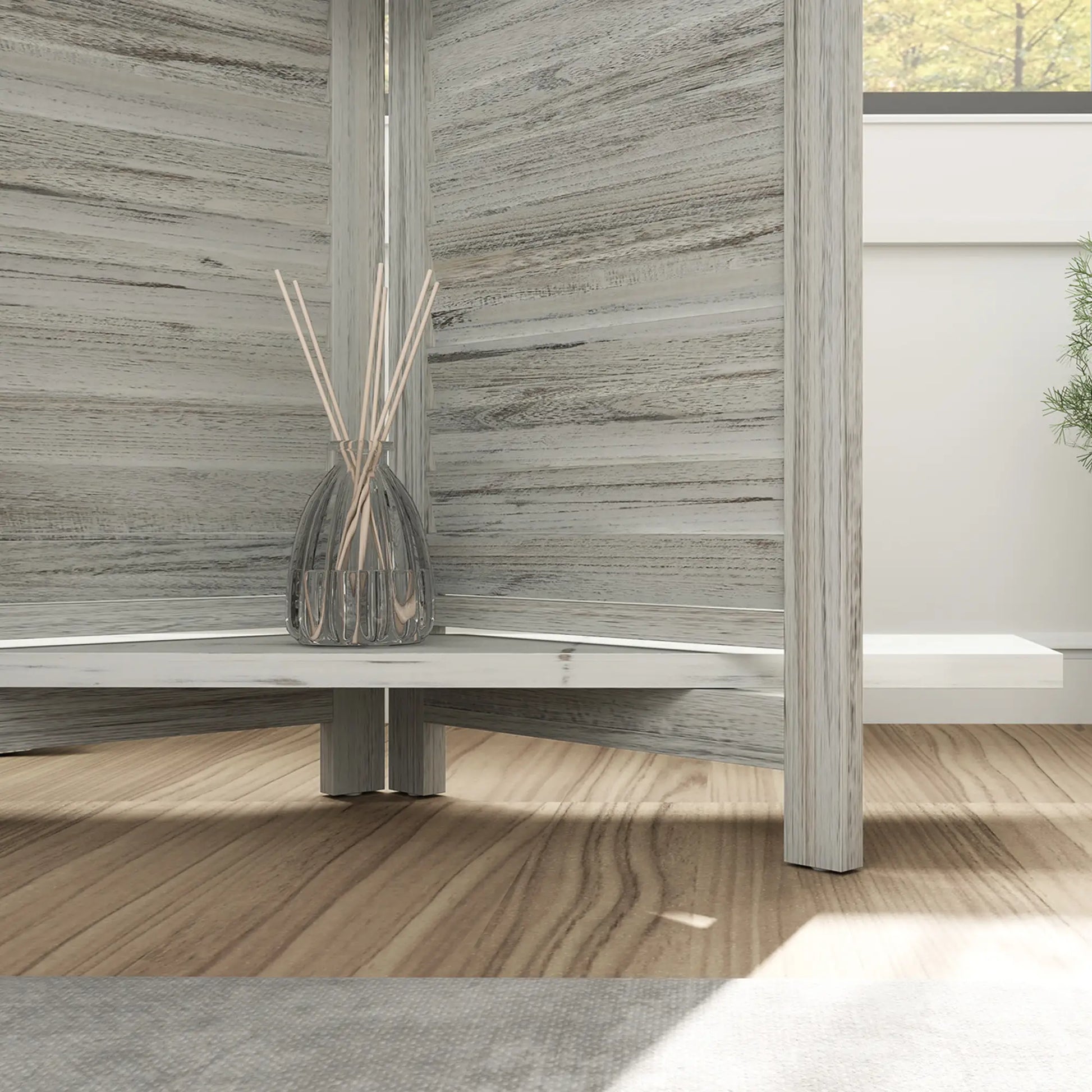 4-Panel Wall Partition, 3 Storage Shelves, Foldable, Wooden Frame, 5.6FT, Distressed White, White Room Dividers at Gallery Canada