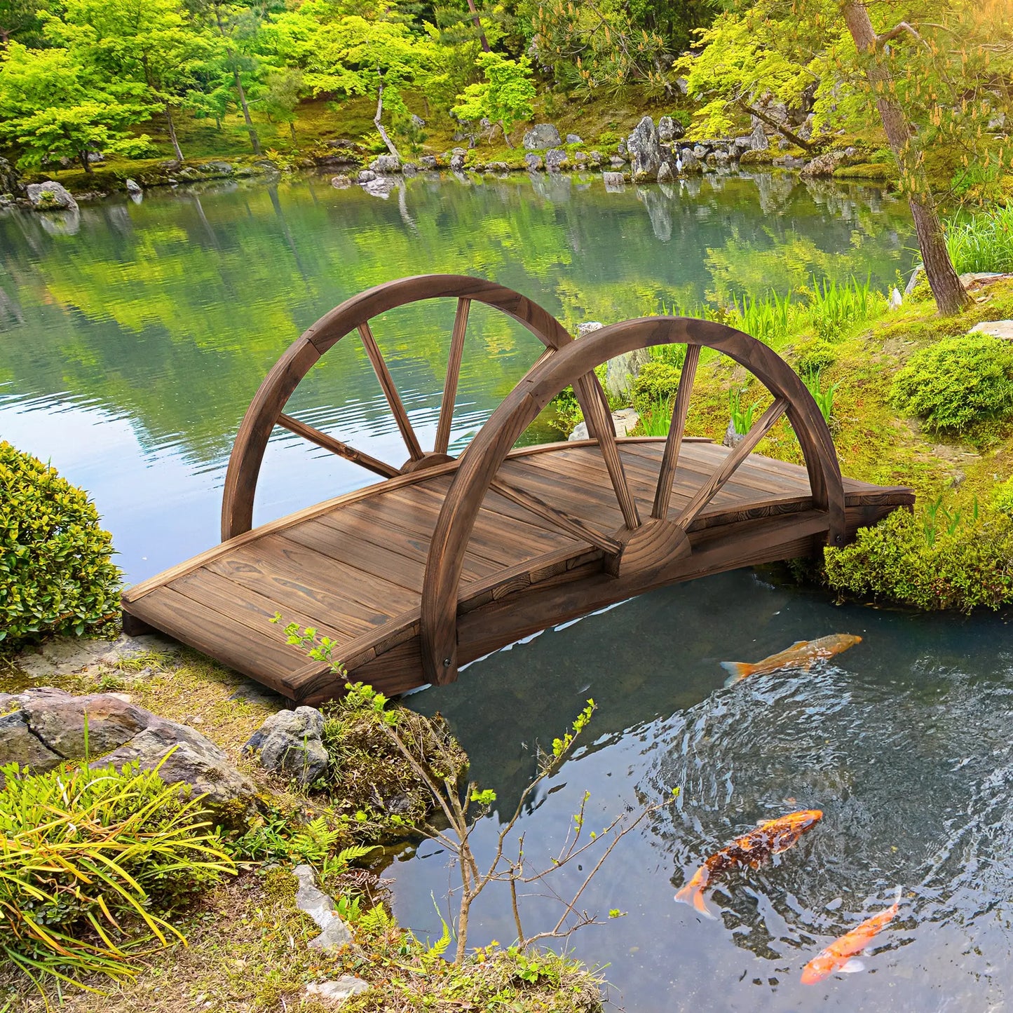 3.3ft Wooden Garden Bridge, Arc Stained Finish, Half Wheeled Railings Garden Bridges at Gallery Canada