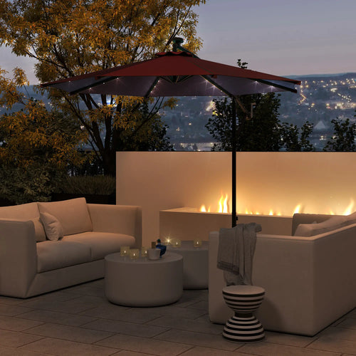 10ft Banana Umbrella, Solar Lights, Adjustable Angle, Wine Red