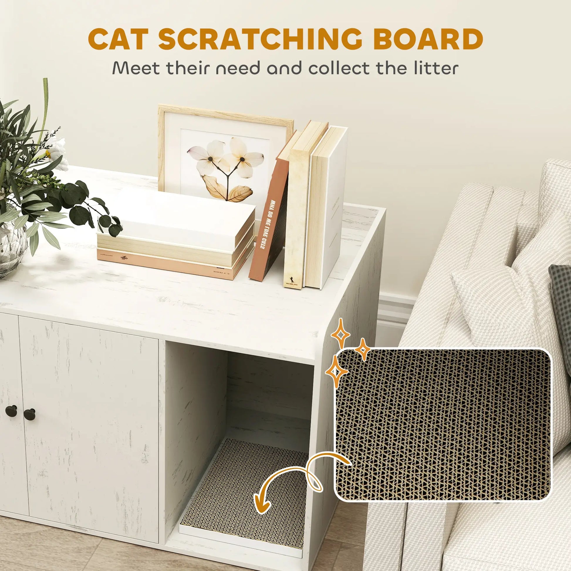32" Cat Litter Box Enclosure, Scratching Mat, Cat Entrance, Distressed, White Cat Litter Box Enclosures at Gallery Canada