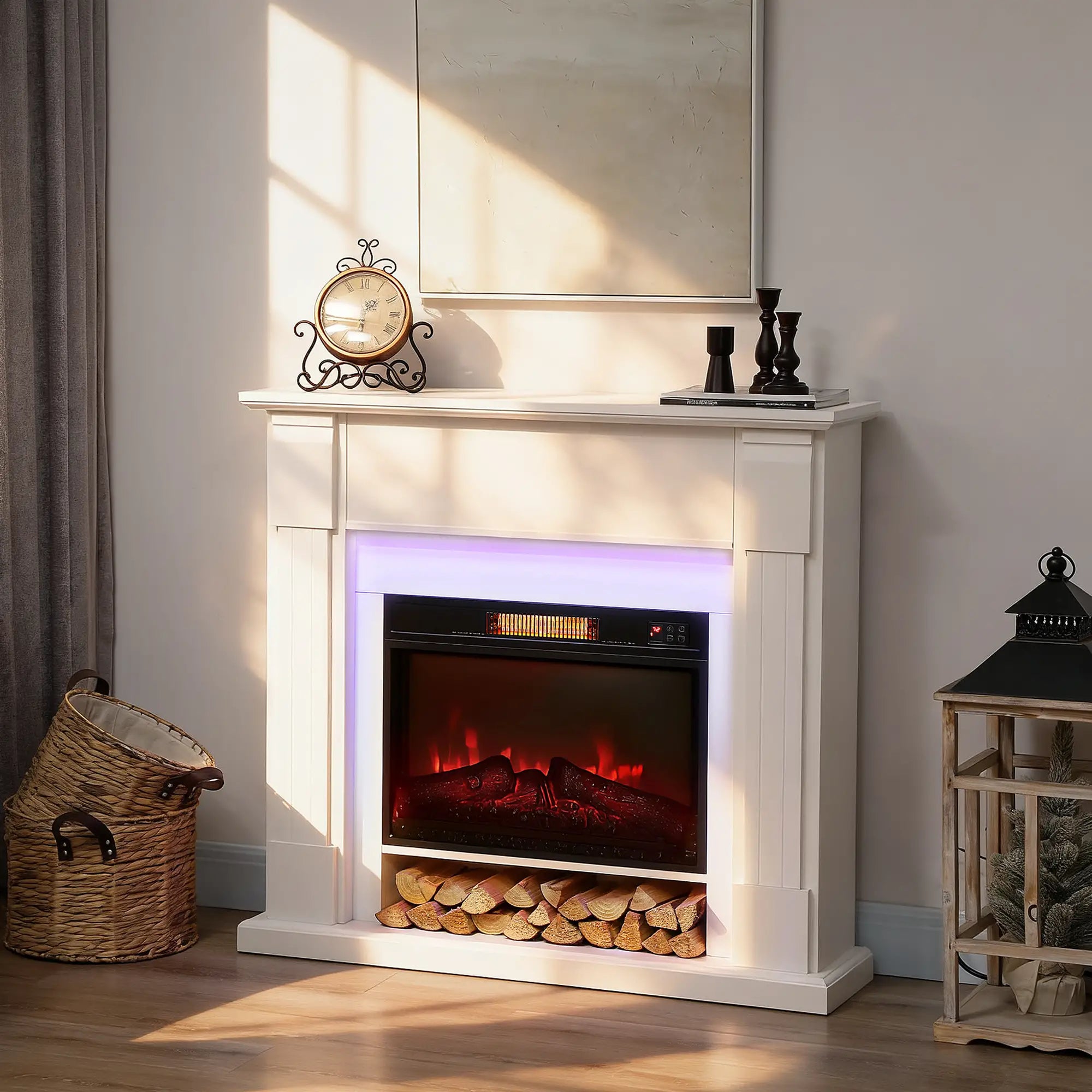 41 Inch Electric Fireplace with Mantel, 1400W Heater, Adjustable 3D Flame, White Electric Fireplaces at Gallery Canada