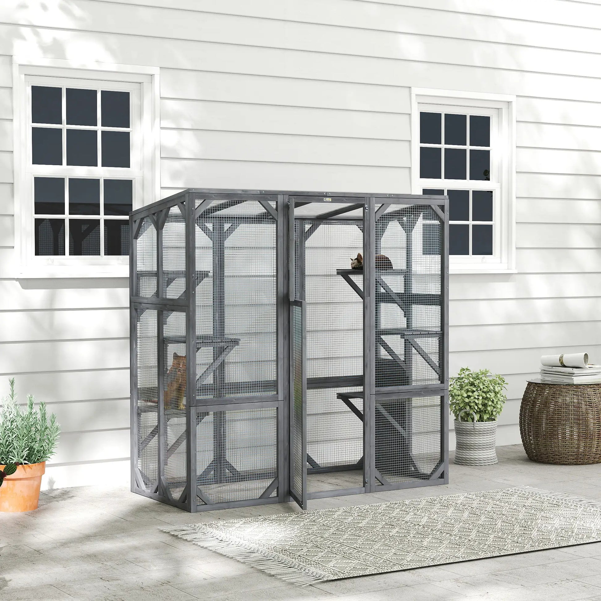 Outdoor Cat Enclosure, 6 Jumping Platforms, Weatherproof Roof, Large Door, 59" x 28" x 60", Grey Outdoor Cat Enclosures at Gallery Canada