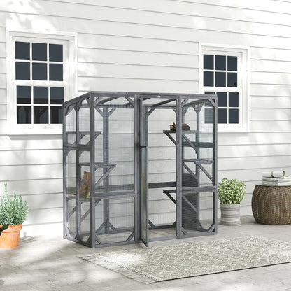 Outdoor Cat Enclosure, 6 Jumping Platforms, Weatherproof Roof, Large Door, 59" x 28" x 60", Grey Outdoor Cat Enclosures at Gallery Canada