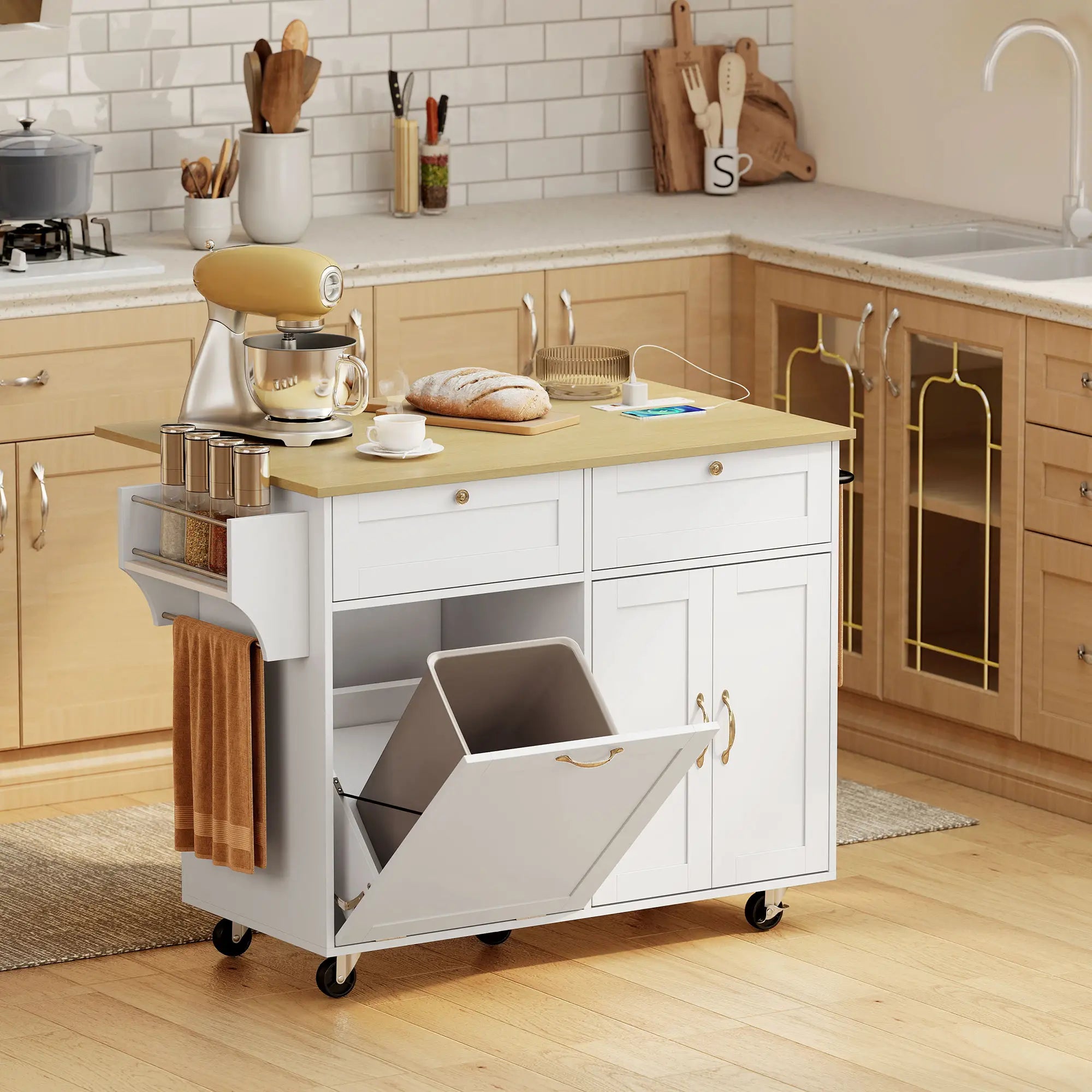 Kitchen Island Cart with Charging Station, Drop Leaf, Trash Can Cabinet, White Kitchen Islands & Kitchen Carts at Gallery Canada
