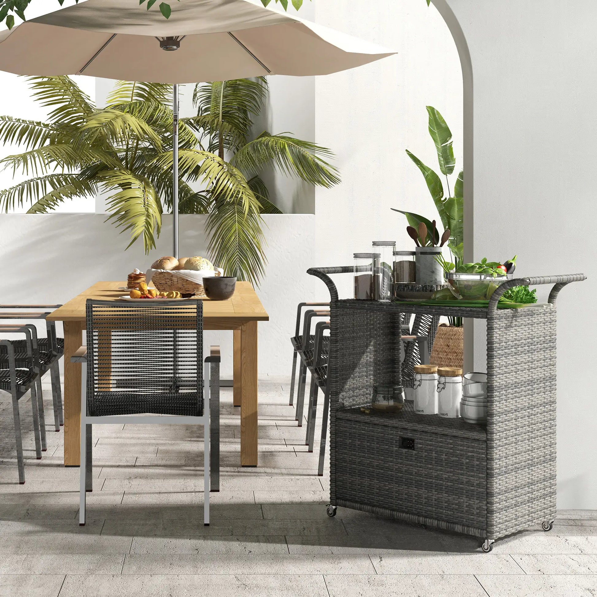 PE Wicker Serving Cart, 2-Tier Shelf, Outdoor Wheeled Rattan Cart, Grey Patio Dinning Tables at Gallery Canada