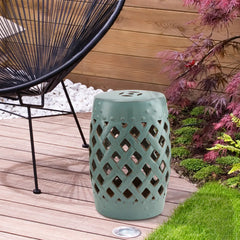 18" Ceramic Garden Stool, Woven Lattice Design, Indoor Outdoor, Blue