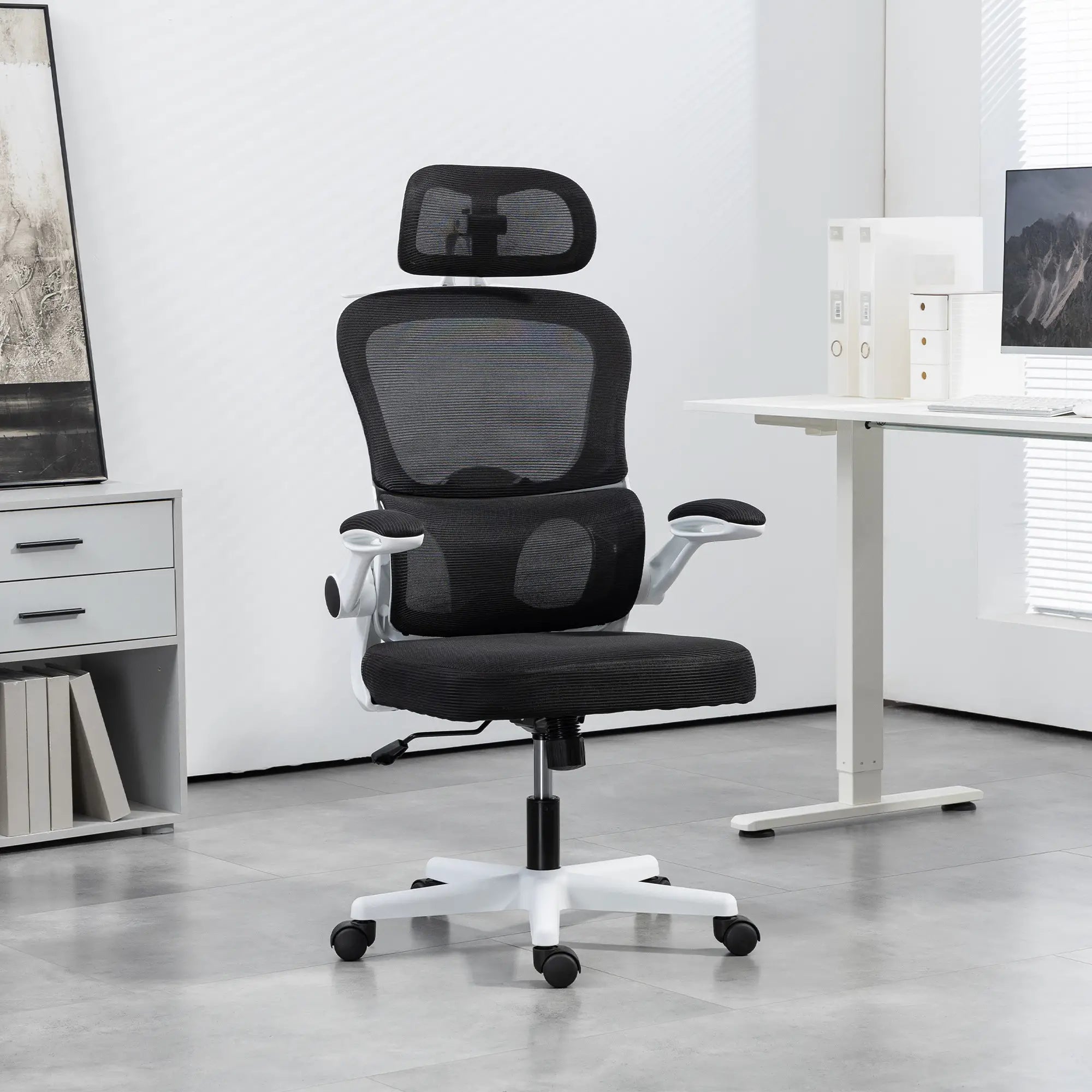 Mesh Office Chair, Ergonomic Desk Chair, Flip-Up Armrest, Adjustable Lumbar Support, Black Office Chairs at Gallery Canada