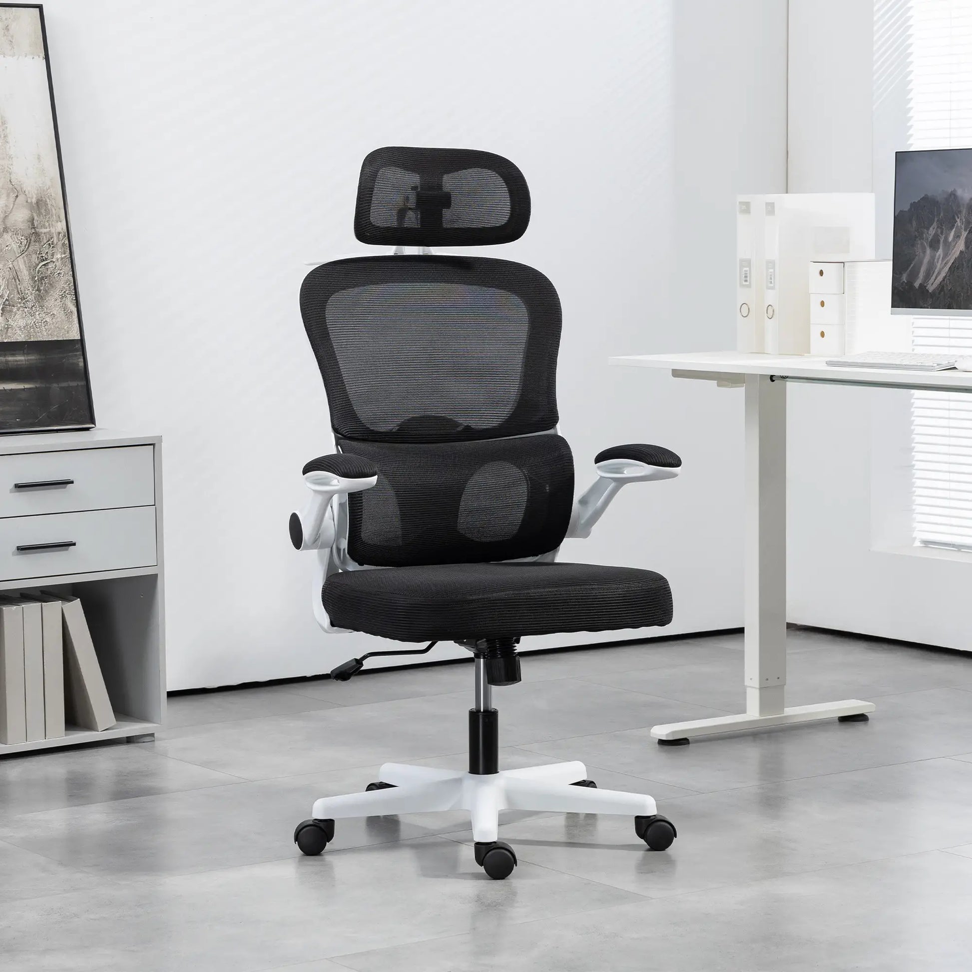 Mesh Office Chair, Ergonomic Desk Chair, Flip-Up Armrest, Adjustable Lumbar Support, Black Office Chairs at Gallery Canada