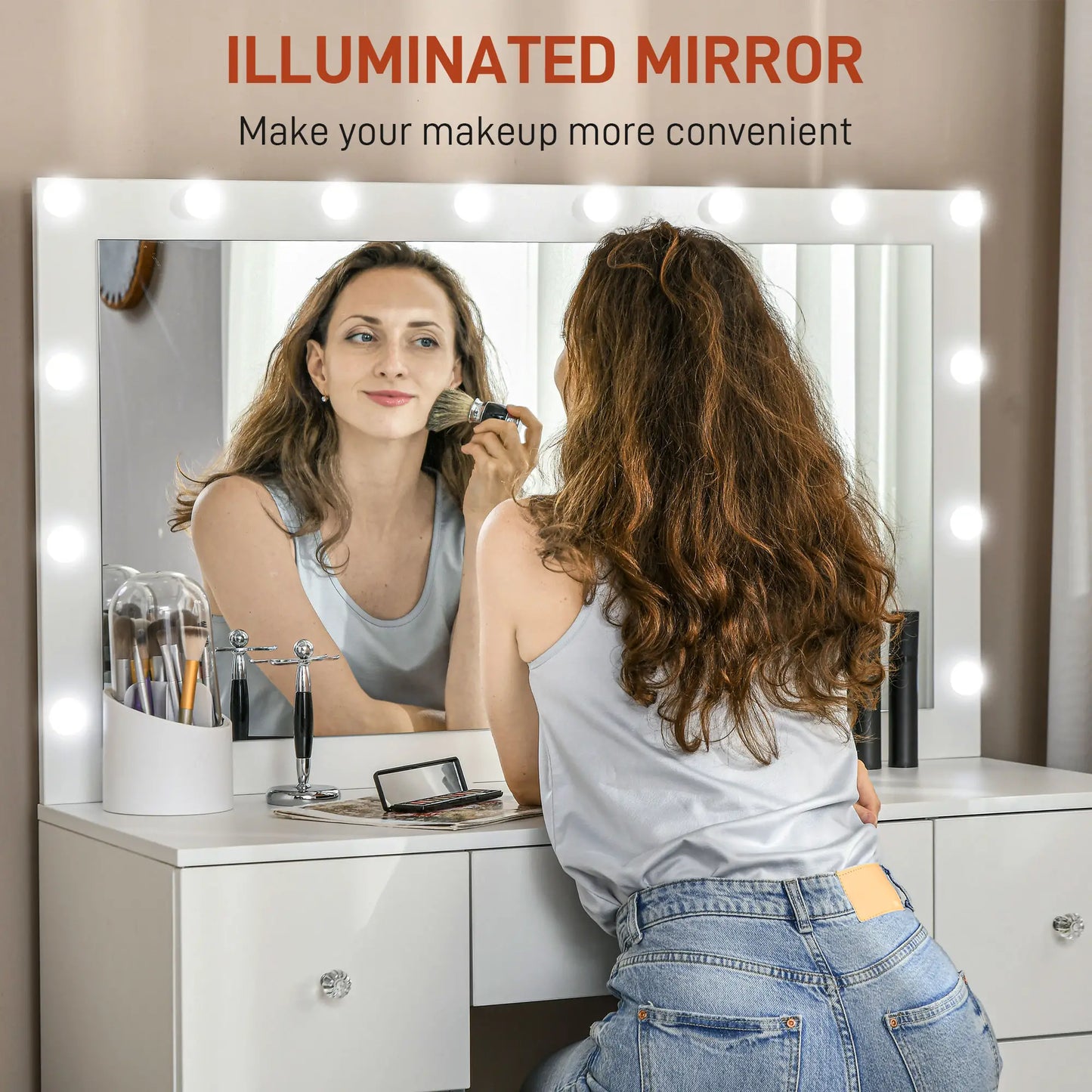 Modern Makeup Vanity Table, Mirror with 10 LED Lights, 7 Drawers, White Dressing & Vanity Tables at Gallery Canada