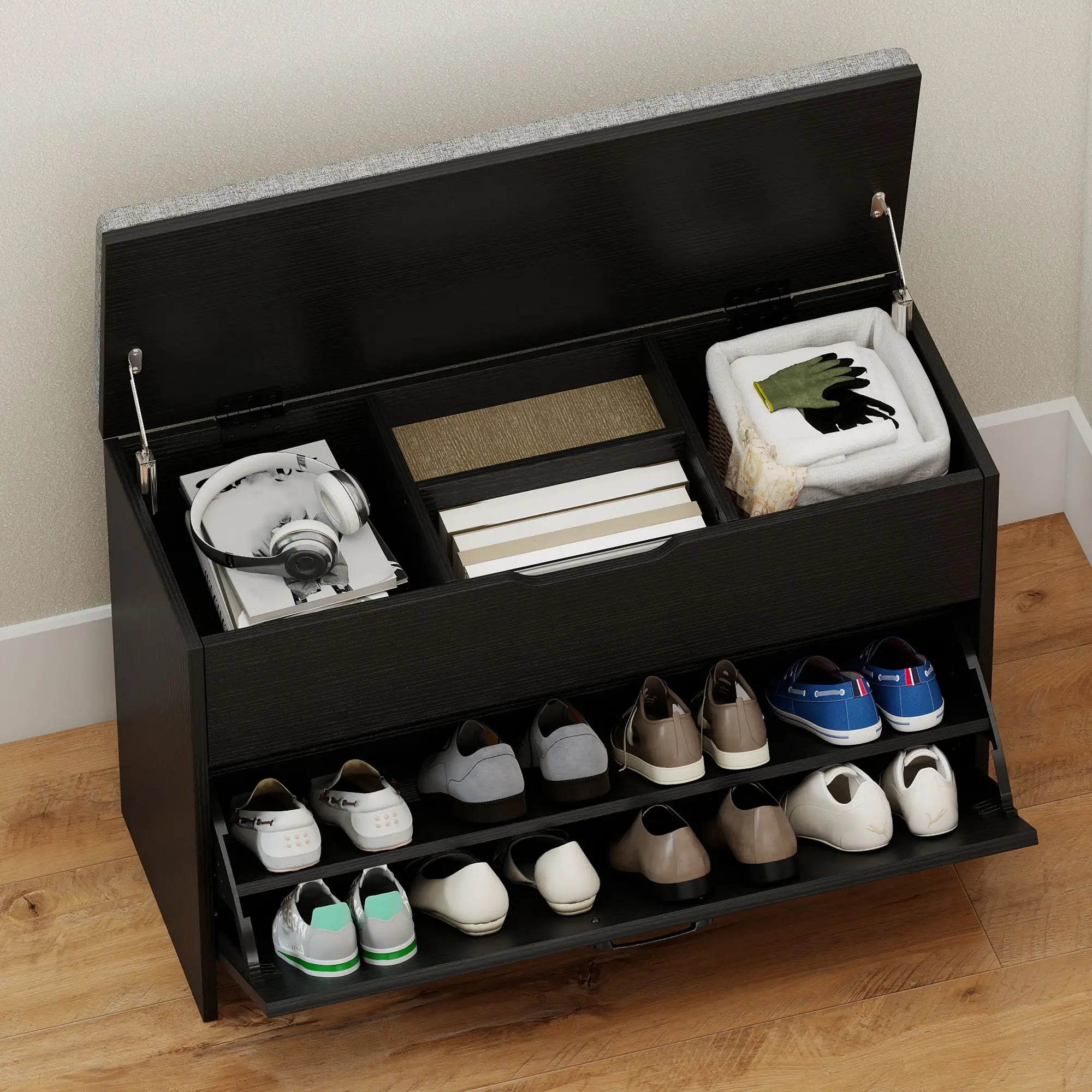 Shoe Storage Bench with Flip Drawer, Lift Top, Seat Cushion, Black Shoe Storage Cabinets & Racks at Gallery Canada