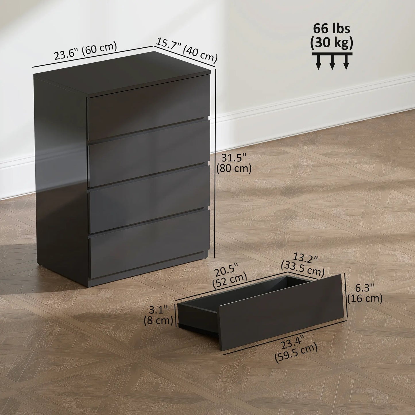 Armoire 4 tiroirs, Coffre haut brillant avec coulisses métalliques, Noir