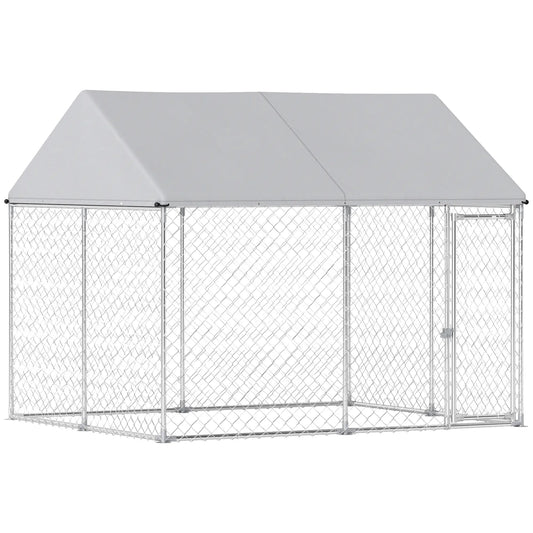 Heavy Duty Galvanized Steel Outdoor Dog Kennel with Waterproof Roof, Safety Lockable Latch System, 9.2' x 7.5' x 7.2' Dog Kennels Silver at Gallery Canada
