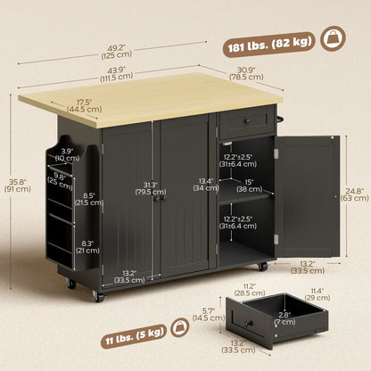 Kitchen Island Cart With Drop Leaf, Drawer, Rack, Black