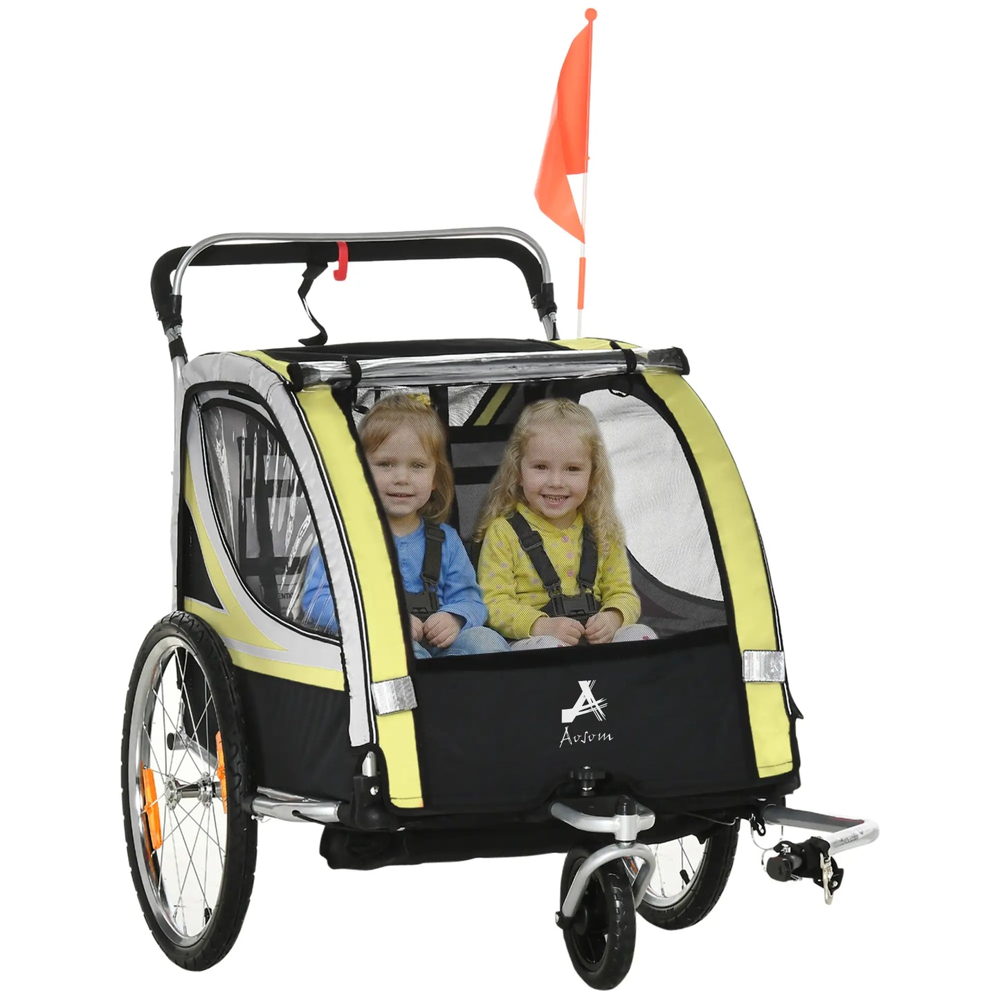 2 Seat Bike Trailer, Kids Jogging Stroller, Handbrake, Yellow Kids Bike Trailers Yellow, Grey, Black, Silver at Gallery Canada