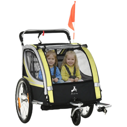 2 Seat Bike Trailer, Kids Jogging Stroller, Handbrake, Yellow Kids Bike Trailers Yellow, Grey, Black, Silver at Gallery Canada