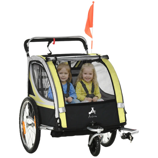 2 Seat Bike Trailer, Kids Jogging Stroller, Handbrake, Yellow Kids Bike Trailers Yellow, Grey, Black, Silver at Gallery Canada