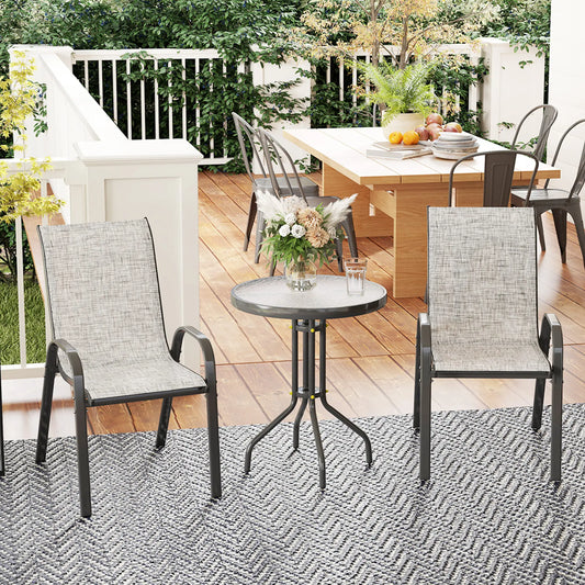 3 Piece Bistro Set, Stackable Mesh Chairs, Glass Table, Grey Bistro Sets Grey at Gallery Canada