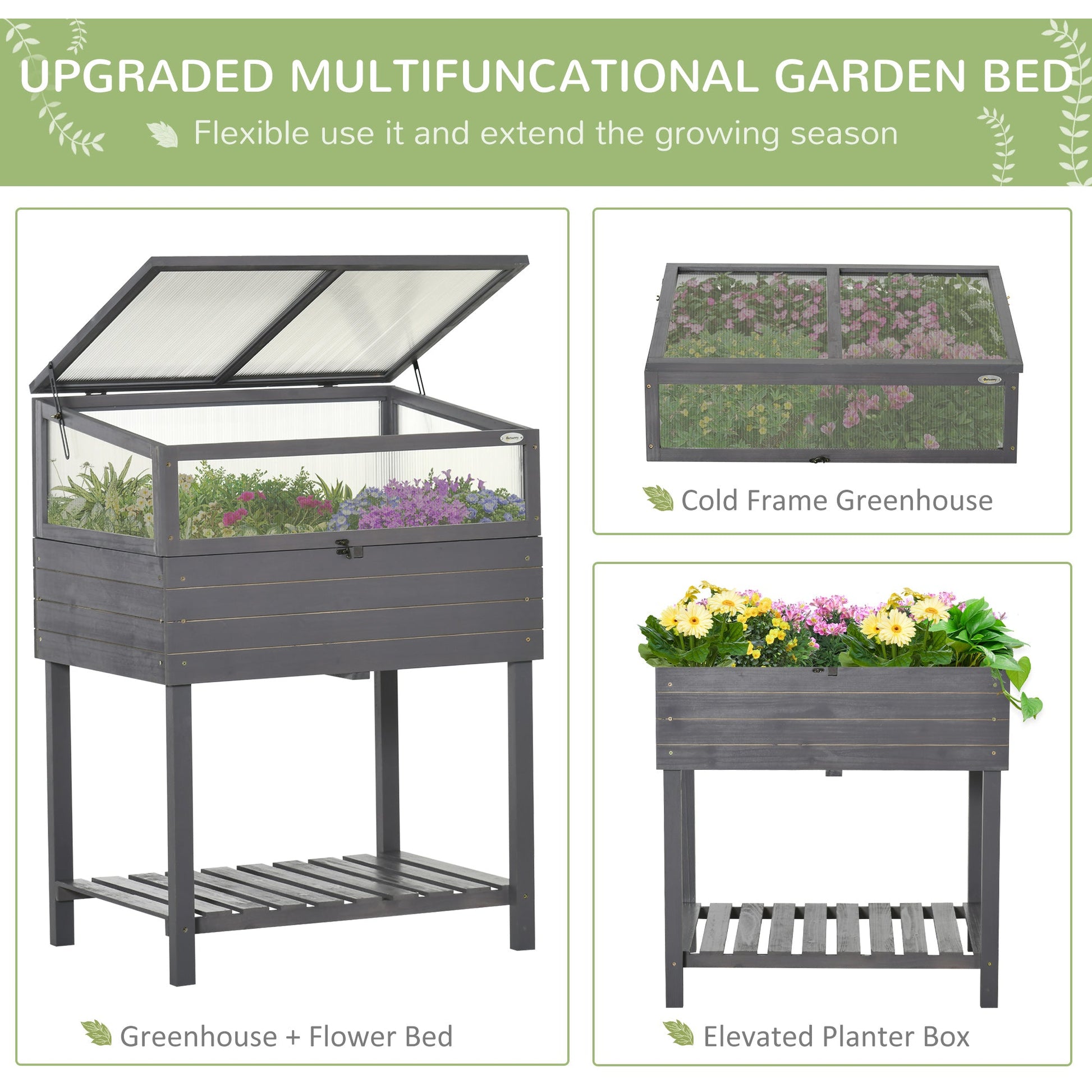 Raised Garden Bed with Cold Frame Greenhouse, Grow Grids and Storage Shelf, Outdoor 2 Tiers Elevated Wood Planter Box for Herbs and Vegetables, Use for Patio, Backyard, Balcony - Gallery Canada