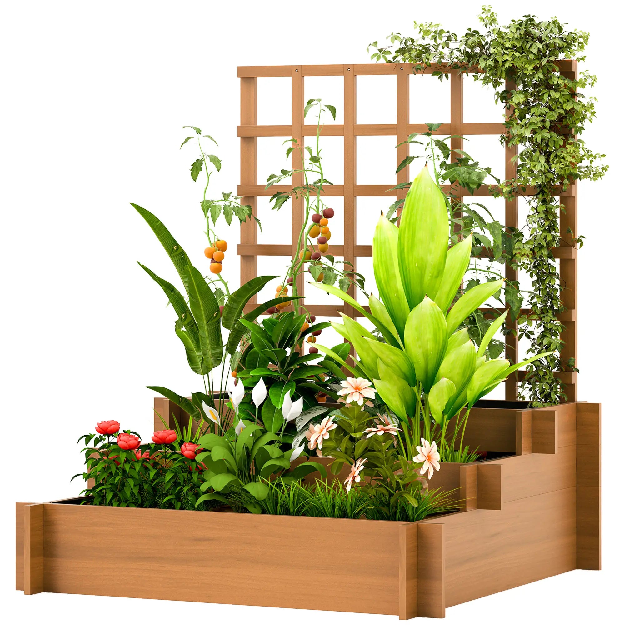 Wooden Elevated Planter Box with Trellis, 3 Tier Raised Garden Bed, Brown Raised Garden Beds Brown at Gallery Canada