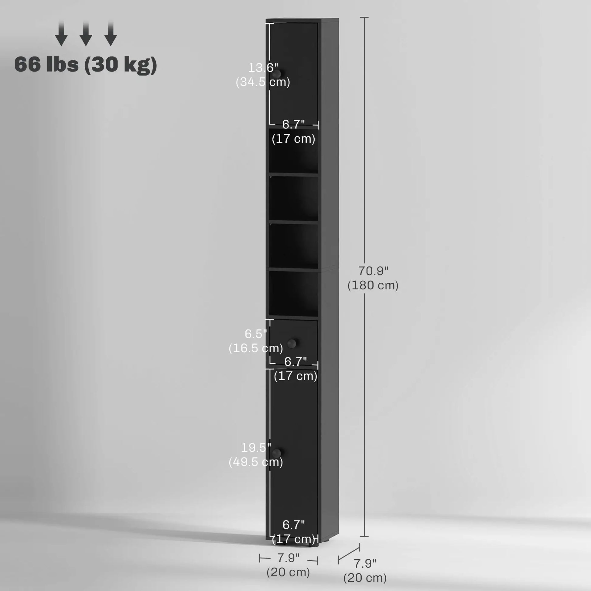 71" Tall Bathroom Cabinet, Narrow Toilet Paper Storage, 2 Door, Adjustable Shelves, Black Bathroom Cabinets at Gallery Canada