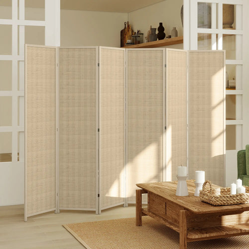 Woven Bamboo Room Divider, 6 Panel Folding Privacy Screen, Natural Wood